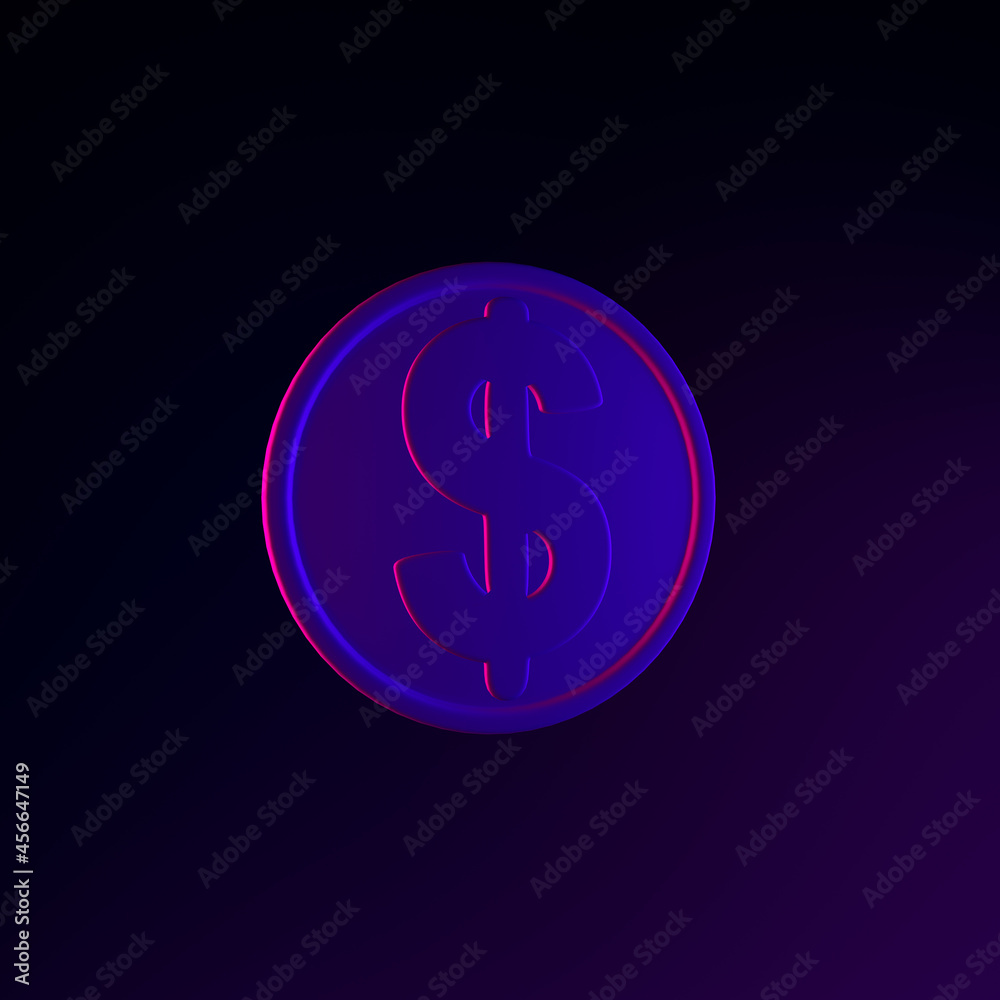 Poster dollar coin neon icon. 3d rendering ui ux interface element. dark glowing symbol.