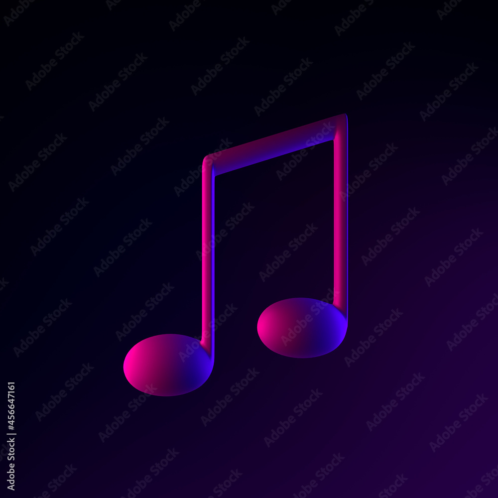 Poster neon musical note icon. 3d rendering ui ux interface element. dark glowing symbol.