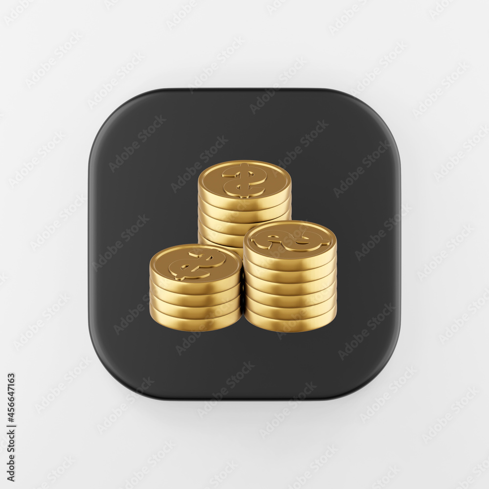 Poster gold folded coins icon in cartoon style. 3d rendering black square button key, interface ui ux eleme
