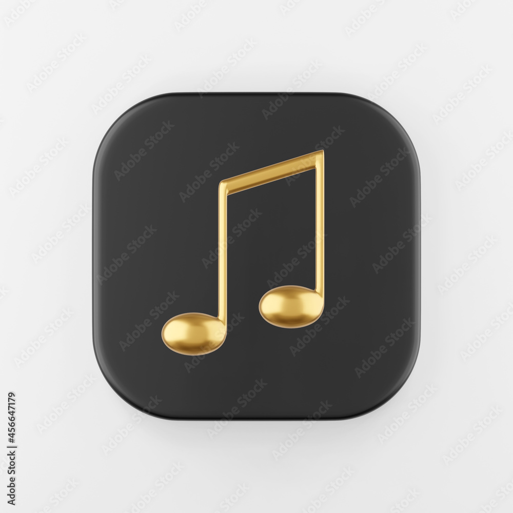 Poster gold musical note icon in cartoon style. 3d rendering black square button key, interface ui ux eleme