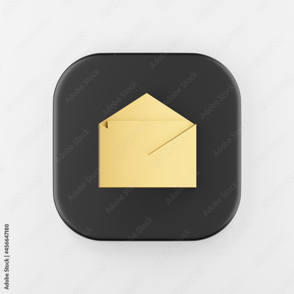 Poster golden envelope icon. 3d rendering black square key button, interface ui ux element.