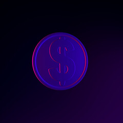 Dollar coin neon icon. 3d rendering ui ux interface element. Dark glowing symbol.