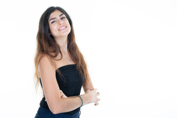 Beautiful smiling slim happiness woman in studio shot with copy space white background