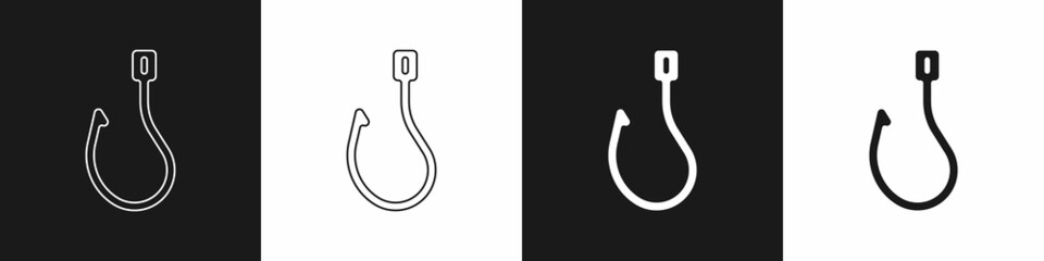 Set Fishing hook icon isolated on black and white background. Fishing tackle. Vector