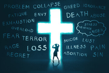 Depressed woman standing in front of Cross symbol