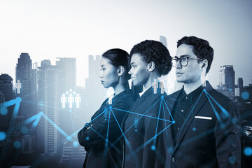 Group of SMM specialists working on social media marketing strategy to achieve business goals. Hologram icons over Bangkok background.