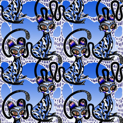 Quirky exotic artistic folk boho contemporary style tropical cat seamless pattern, kitty animal background.