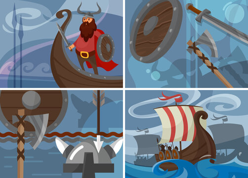 Collection of viking banners. Scandinavian placard designs in cartoon style.