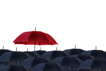 Red umbrella stand out from black umbrellas on studio