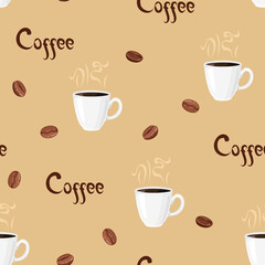 Obraz premium Coffee seamless pattern. White cup with steaming espresso, lettering and coffee beans . Vector cartoon flat illustration, background.