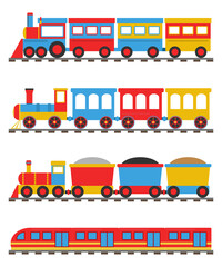 Cartoon trains, set of cartoon passenger and freight trains. Vector, cartoon illustration. Vector.