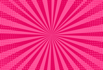 Pop art background. Halftone comic pattern with starburst. Cartoon pink texture with dots. Retro duotone effect. Funny superhero print. Vintage gradient banner. Vector illustration.