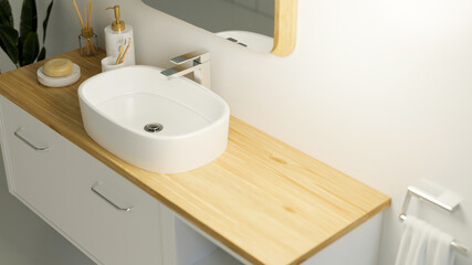 Bathroom close up view of vessel sink and mockup space for montage on wooden countertop, 3d rendering