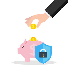 Money under protection, accumulation of money. The hand drops a coin into a piggy bank protected by a shield. Vector, cartoon illustration. Vector.