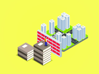 Education vector concept. Schoolboy standing on the stack of books to look at the cityscape