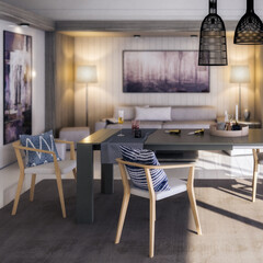 Modern Furnishings Inside an Living Room Designed in White Wood (detail)  - 3D Visualization