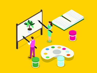 Painting vector concept: Two college students painting plant on the canvas while studying together in the classroom
