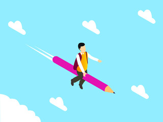 Education vector concept. Little boy flying with a pencil in the blue sky while carrying backpack