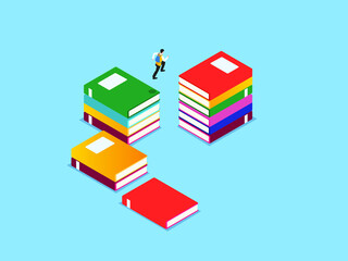 aEducation vector concept. Male high school student climb stairs toward the top pile of books while carrying a backpack