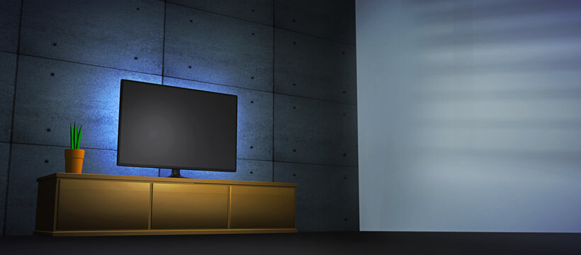 Smart TV in a living room with copy space for text. 3D rendering, on demand movies template