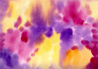 Multicolored watercolor hand drawn abstract Background. Yellow, orange, lilac, violet and purple colorful Spots and Splashes Blobs texture. Multicolor Backdrop of Spot for packaging and web - obrazy, fototapety, plakaty
