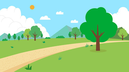 Nature landscape with road vector illustration.Field with mountain, trees, sun, sky, and clouds.Green park with natural scene.Cartoon rural landscape summer.