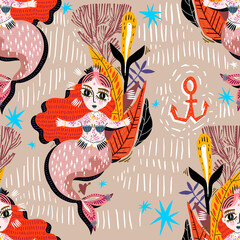 Folk rustic beautiful flash tattoo style mermaid girl in the ocean seamless pattern. Retro aesthetic background.