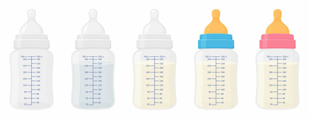 Baby bottle set. Vector flat illustration of filled and empty newborn baby plastic milk bottles with silicone and latex nipples isolated on white background.