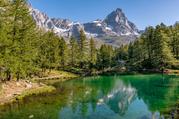 Plakat Beautiful view of Lago Blu or Layet lake, Aosta Valley, Italy, in which the Matterhorn is reflected