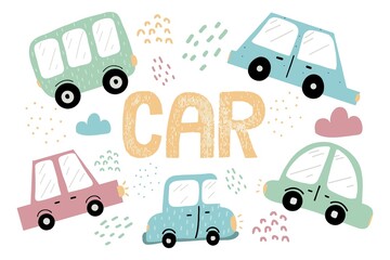  Children's hand-drawn set of cars. Set of cute colored cars. The set is suitable for postcards, posters, prints.