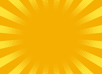 Pop art background. Comic halftone texture. Yellow starburst pattern with beams and dots. Vintage duotone effect. Cartoon superhero print. Retro sunshine banner. Vector illustration.