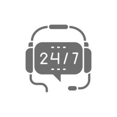 Headphones with microphone, round-the-clock service, non stop support grey icon.