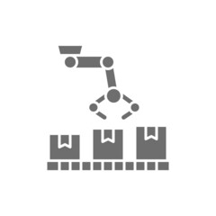 Robotic arm on packing conveyor, production grey icon.