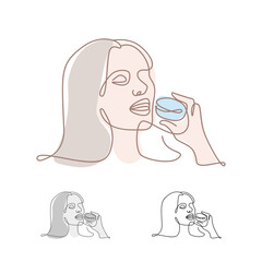 Young girl eating macaroon. Continuous line art, drawing face and hairstyle, fashion concept, woman beauty minimalist. Vector illustration isolated on white background