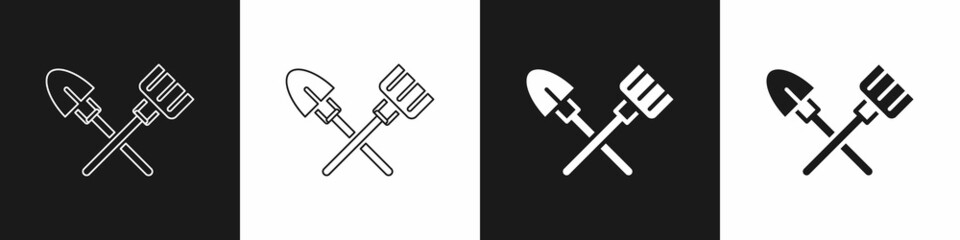 Set Shovel and rake icon isolated on black and white background. Tool for horticulture, agriculture, gardening, farming. Ground cultivator. Vector