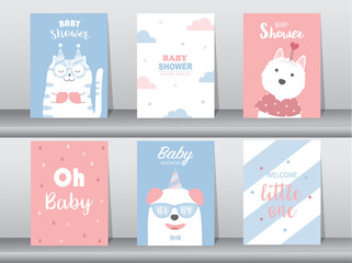 Set of baby shower invitations cards with cute animal,poster,greeting,template,cats,cute,animal,Vector illustrations.