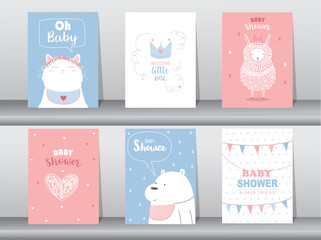 Set of baby shower invitations cards,poster,greeting,template,cat,cute,animal,Vector illustrations.