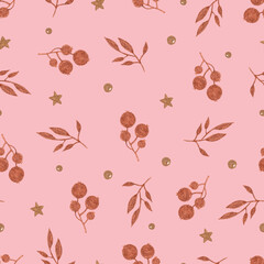 Copper berries and branches seamless pattern on pink background