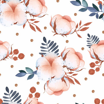 Watercolor cotton flower seamless pattern