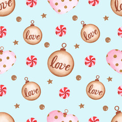 Cute Christmas toys and candies watercolor seamless pattern on blue background