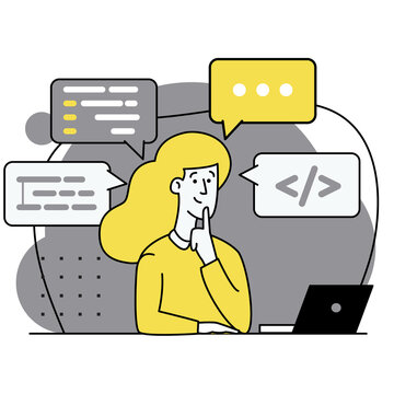 Concept of script coding, programming. A programming language. Programmer working on web development on computer. Software developers. Workplace of the programmer. Flat illustrations