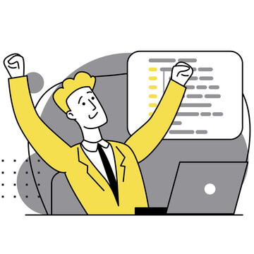 Concept of script coding, programming. A programming language. Programmer working on web development on computer. Software developers. Workplace of the programmer. Flat illustrations