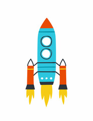 Cute hand drawn rocket isolated on white background. Vector flat illustration.