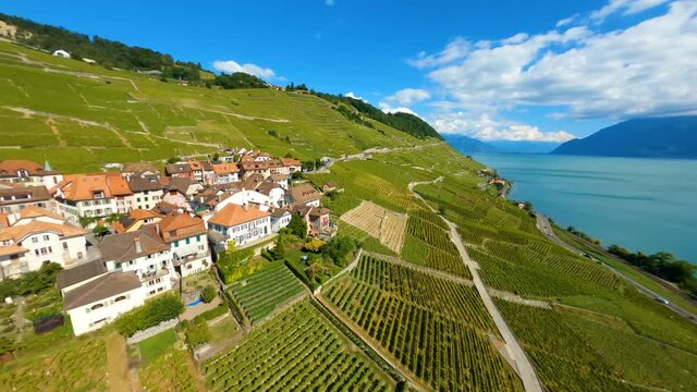 Picturesque Landscape Of Epesses village in Lavaux vineyard, Switzerland - aerial shot