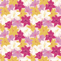 Lily flowers seamless vector pattern design on pink background
