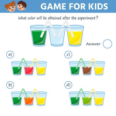 Kids science game. The research process with chemistry flasks.  What color will be obtained after the experiment. Printable worksheet. Vector illustration
