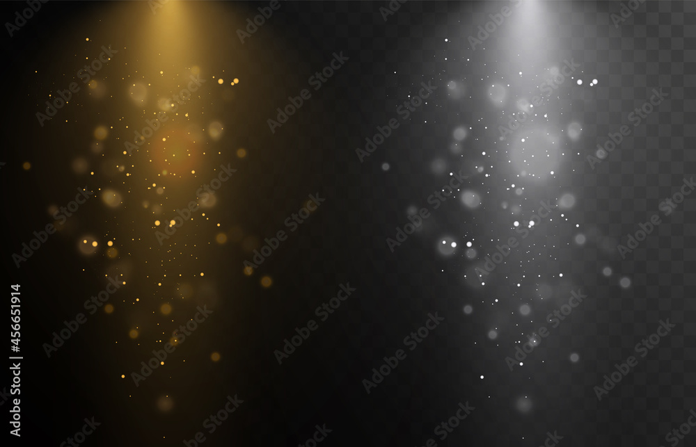 Poster Spotlights set isolated on transparent background. Vector glowing light effect with golden rays and lens flares.	