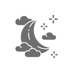 Vector young moon in clouds grey icon.
