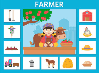 Logic game for kids profession. Farmer. Template for cards - puzzles. Vector illustration for printing