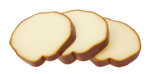 Smoked cheese isolated on white background close-up.